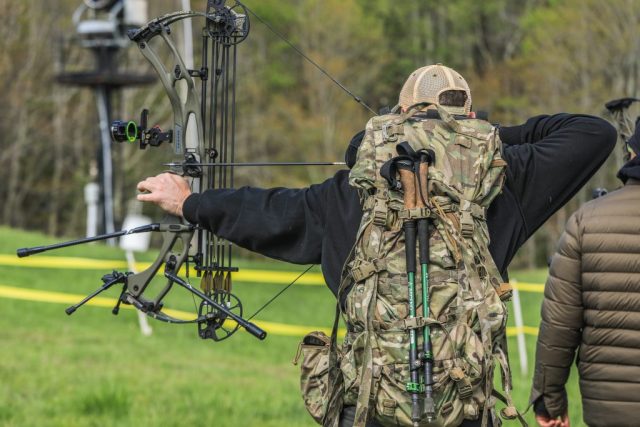 Competitor Brandon Stewart at full draw during the Appalachian Bowhunter Challenge head-to-head bracket at Winterplace Ski Resort West Virginia
