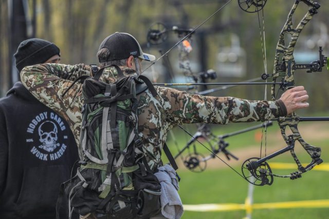 Competitor Chris Martin at full draw during the Appalachian Bowhunter Challenge head-to-head bracket at Winterplace Ski Resort West Virginia