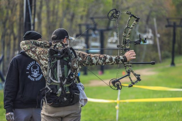 Competitor Chris Martin at full draw during the Appalachian Bowhunter Challenge head-to-head bracket at Winterplace Ski Resort West Virginia