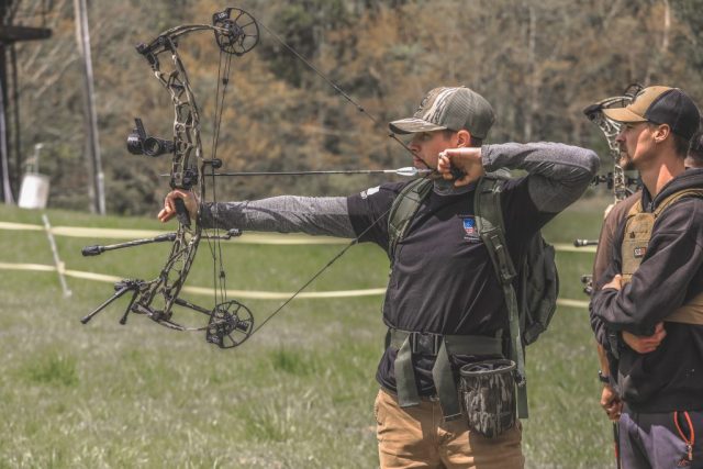 Luc LaChance at full draw during the Appalachian Bowhunter Challenge head-to-head bracket at Winterplace Ski Resort West Virgini